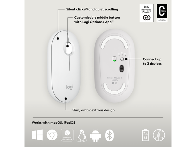 Logitech - Pebble Mouse 2 M350s Slim Lightweight Wireless Bluetooth Optical Silent Ambidextrous Mouse with Customizable Buttons - Wireless - Off-White - image 6