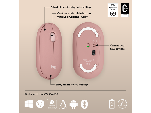 Logitech - Pebble Mouse 2 M350s Slim Lightweight Wireless Bluetooth Optical Silent Ambidextrous Mouse with Customizable Buttons - Wireless - Rose - image 6