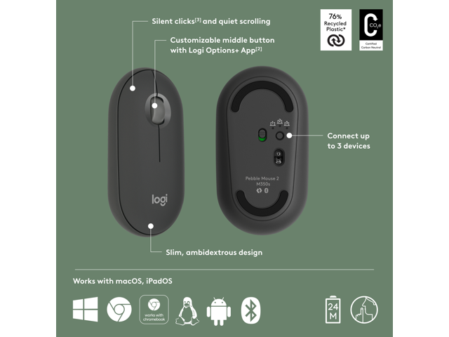 Logitech - Pebble Mouse 2 M350s Slim Lightweight Wireless Bluetooth Optical Silent Ambidextrous Mouse with Customizable Buttons - Wireless - Graphite - image 6