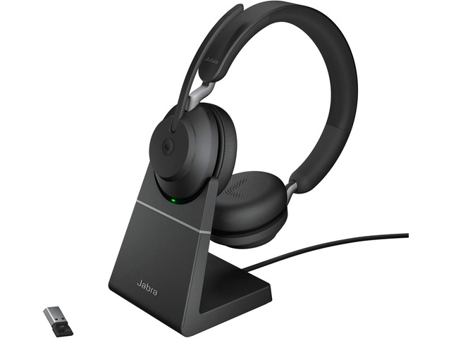Jabra Evolve2 65 Bluetooth Wireless Headset with Mic for Calls and Music, Dual-Ear Headphones with USB-C Adapter and Charging Stand, Up to 37 Hours...