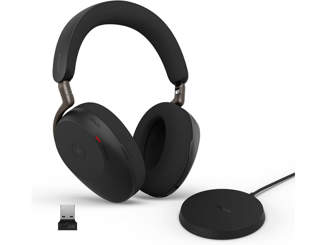 Jabra Evolve3 85 Over-Ear Wireless Bluetooth Headset with Mic and Wireless Charging Stand for Work, USB-A, AI Voice Call Technology, Adaptive ANC,...