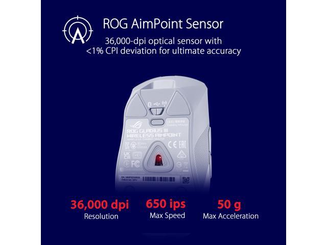 Asus ROG Gladius III Wireless AimPoint Gaming Mouse, Connectivity (2.4GHz RF, Bluetooth, Wired), 36000 DPI sensor, 6 programmable buttons, ROG...