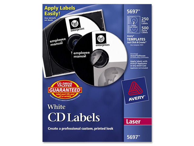 Avery CD Labels, Print to the Edge, Permanent Adhesive, 250 Disc Labels and 500 Spine Labels (5697)