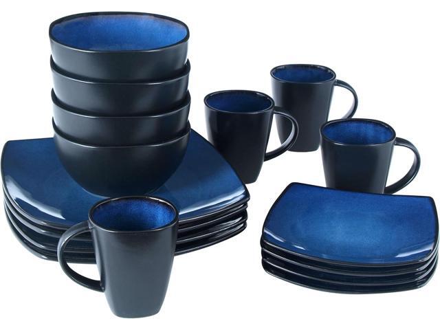 Gibson Soho Lounge 16 Piece Reactive Glaze Dinnerware Plates, Bowls, & Mugs, Blue