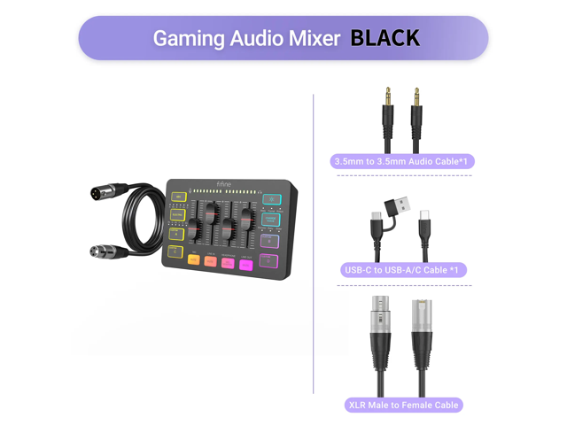 FIFINE SC3 Gaming Audio Mixer with XLR Cable Bundle, Streaming RGB PC Mixer with Microphone Cable, XLR Interface, Volume Faders, Mute Button,.