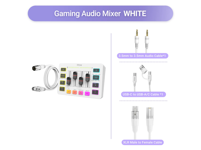 FIFINE SC3 Gaming Audio Mixer with XLR Cable Bundle, Streaming RGB PC Mixer with Microphone Cable, XLR Interface, Volume Faders, Mute Button,.
