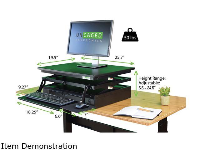 Electric CHANGEdesk tall powered standing desk converter with ergonomic keyboard tray for laptops single heavy monitors motorized adjustable height.