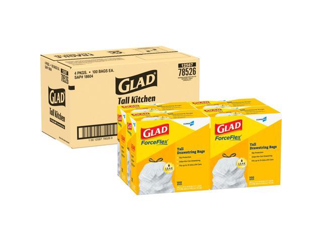 Glad Tall Kitchen Drawstring Trash Bags, 13 gal, 0.72 mil, 24' x 27.38', Gray, 100 Bags/Box, 4 Boxes/Carton CLO78526CT