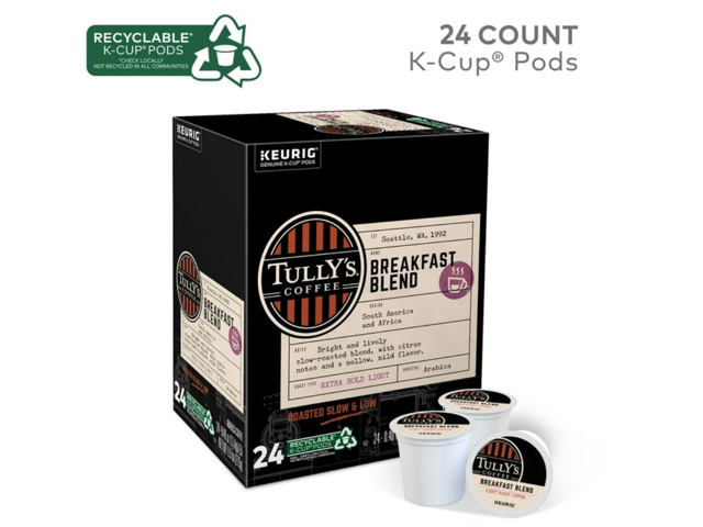 Tully's Coffee Breakfast Blend Coffee, Keurig Single-Serve K-Cup Pods, Light Roast Coffee, 24 Count/Box