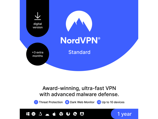 NordVPN Internet Security and Privacy Software for Windows/MacOS/Android/iOS - 10 Devices - 15-month VPN Subscription - Download (Newegg Exclusive)