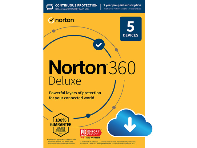 Norton 360 Deluxe 2022 for up to 5 Devices, 1 Year with Auto Renewal, Download
