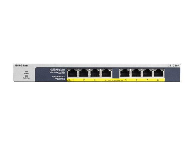 Netgear GS108PP 8-Port Gigabit Ethernet High-Power PoE+ Unmanaged Switch with FlexPoE (123W), GS108PP-100NAS