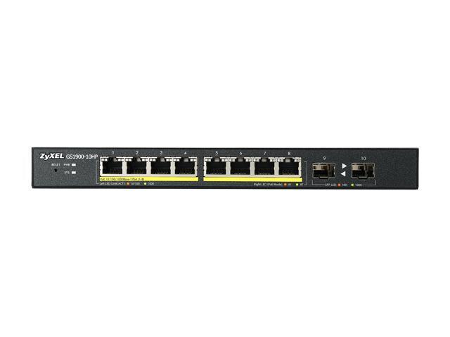 ZyXEL 8-Port Gigabit Smart Managed PoE Switch, 8 PoE+ Ports at 77W with 2 SFP Uplinks, Fanless, GS1900-10HP