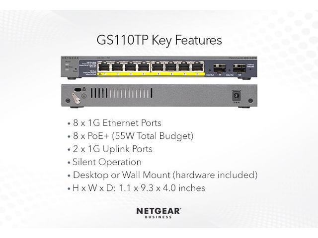 Netgear GS110TP 8-Port Gigabit PoE+ Ethernet Smart Switch with 2 SFP Ports and Cloud Management (55W), GS110TP-300NAS
