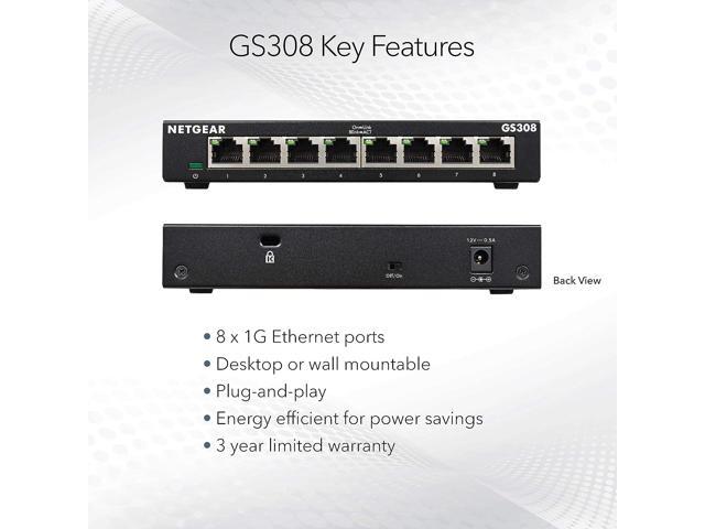 Netgear GS308 8-Port Gigabit Ethernet Unmanaged Switch, GS308-300PAS