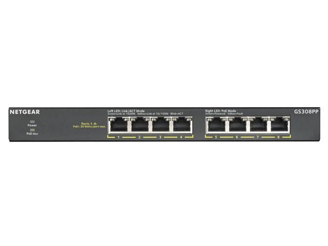 Netgear GS308PP 8-Port Gigabit Ethernet Unmanaged PoE+ Essentials Switch with 8-Ports PoE+ (83W), GS308PP-100NAS