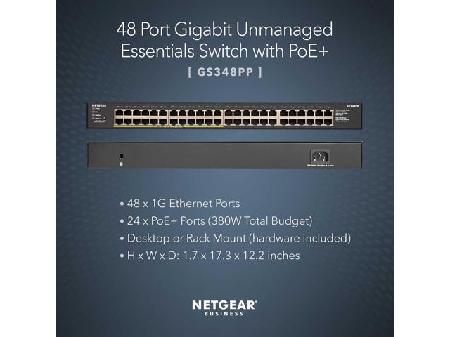 Netgear GS348PP 48-Port Gigabit Ethernet Unmanaged PoE+ Essentials Switch with 24-Ports PoE+ (380W), GS348PP-100NAS