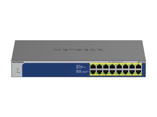 Netgear GS516PP 16-Port Gigabit Ethernet High-Power PoE+ Unmanaged Switch (260W), GS516PP-100NAS