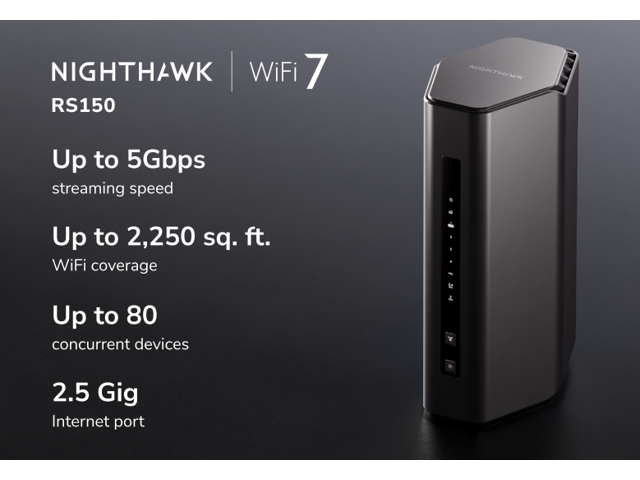 Netgear Nighthawk RS150 Dual-Band WiFi 7 Router, BE5000 Wireless Speed (up to 5.0 Gbps), RS150-100NAS