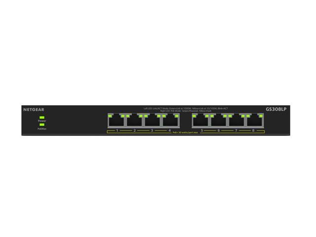 Netgear GS308LP 8-Port Gigabit Ethernet Unmanaged Essentials PoE+ Switch, GS308LP-100NAS