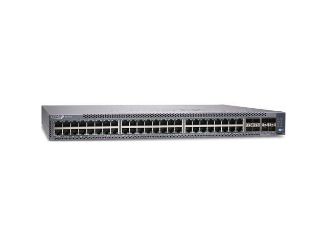 Juniper Networks 48-port 10/100/1000BASE-T switch, 4x10GbE uplinks, 4x25GbE stacking/uplink ports, MACsec AES256, redundant fans, back-to-front...