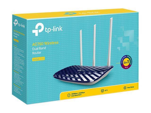 TP-LINK Archer C20 AC750 Wireless Dual Band Router, 2.4GHz 300Mbps + 5GHz 433Mbps, 3 External Antennas