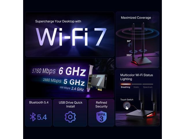 TP-Link WiFi 7 BE9300 PCIe WiFi Card for Desktop PC(Archer TBE550E), Tri-Band Wireless Adapter with MLO, LED, Bluetooth 5.4, WPA3, Ultra-Low...