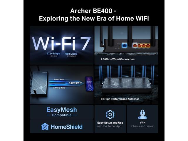 TP-Link Archer BE6500 Dual-Band Wi-Fi 7 Router (Archer BE400) Dual 2.5 Gbps Ports USB 3.0 Covers up to 2,400 Sq. ft and 90 Devices Quad-core...