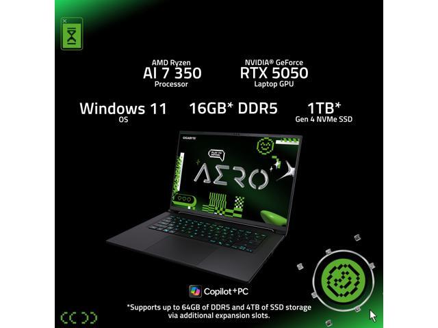 GIGABYTE AERO X16; Copilot+ PC - 165Hz 2560x1600 WQXGA - NVIDIA GeForce RTX 5050 - AMD Ryzen AI 7 350 - 1TB SSD with 16GB DDR5 RAM - Windows 11...