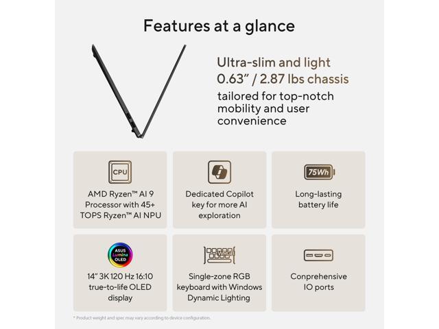 ASUS - Vivobook S 14" OLED 3K 120Hz Laptop - Copilot+ PC - AMD Ryzen AI 9 365 with 24GB RAM - 512GB SSD - Neutral Black - image 11