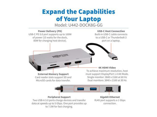 Tripp Lite USB C Dock Dual-Display HDMI USB Hub Memory Card Gbe PD Charging