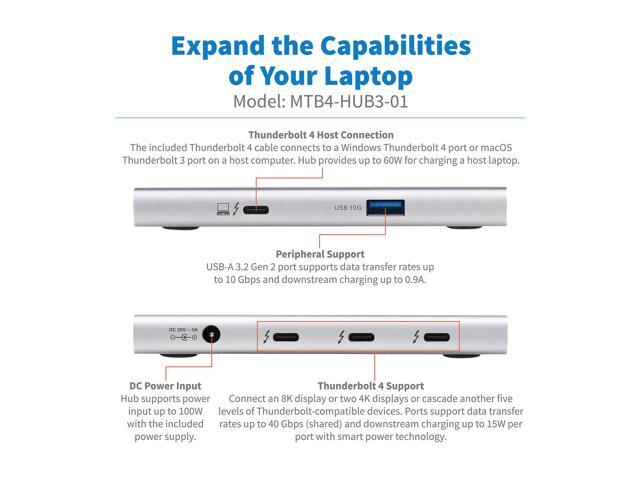 Tripp Lite 4-Port Thunderbolt 4 Hub - 8K, 2x 4K 60 Hz, USB 3.2 Gen 2, USB-A Port, 100W Charging, Gray
