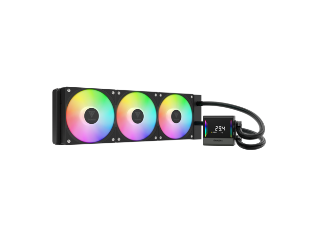 Open Box - GAMDIAS CHIONE E4-360 360mm AIO CPU Liquid Cooler, Digital Display w/ Dual Infinity Mirror, 4600 RPM PWM Pump, 3 x 120mm ARGB Fans,.