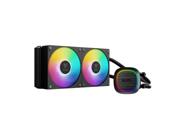 GAMDIAS AURA GL240 V2 240mm AIO Liquid CPU Cooler, Rotatable Pump Cover, 2 x 120mm Hidden Cable ARGB PWM Fans, Daisy-Chained, Support Low-Noise PWM.