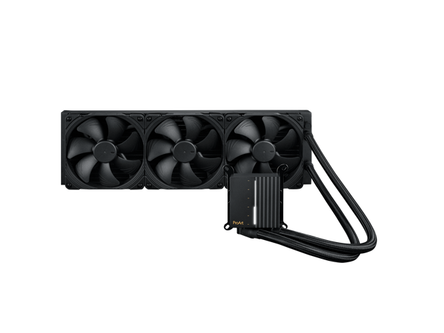 ASUS ProArt LC 420 all-in-one CPU liquid cooler with illuminated system status meter and three Noctua NF-A14 industrialPPC-2000 PWM 140mm radiator...