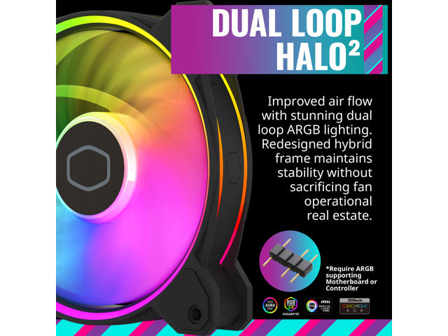 Cooler Master MasterFan MF120 Halo² PC Case Liquid Cooler Air Cooler Fan, Dual Loop Gen 2 ARGB LEDs Rings, Dynamic PWM 120mm 2,050 RPM, Air Balance...
