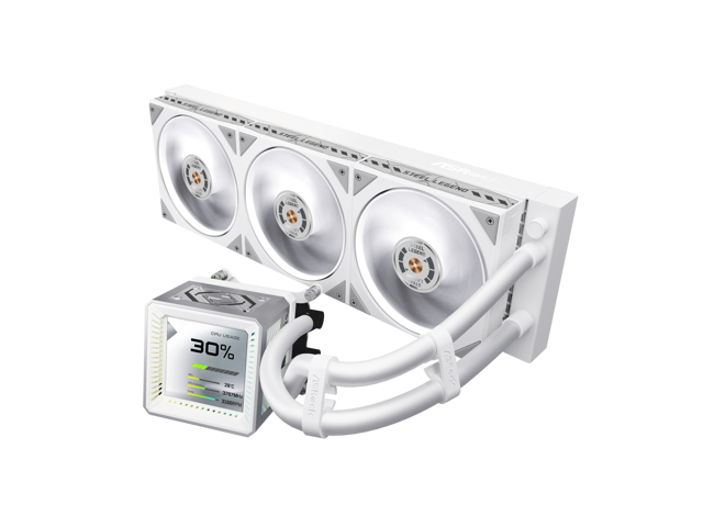 ASRock AIO Steel Legend 360 LCD 27mm radiator, 3.4' LCD, VRM module, LCP fan w/ dual-ball bearing, white version