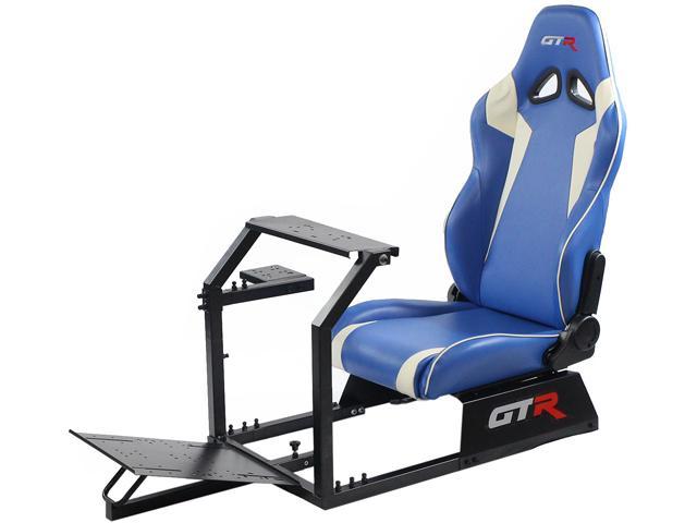 GTR Racing Simulator GTA-BLK-S105LBLWHT GTA Model Black Frame with Blue/White Real Racing Seat, Driving Simulator Cockpit Gaming Chair with Gear.