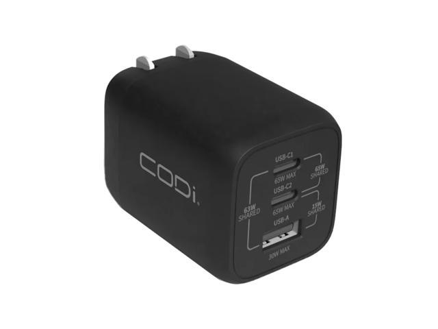 CODi 65W GaN Triple Port Wall Charger with Dual USB-C & USB-A, Power Delivery & Quick Charge 3.0