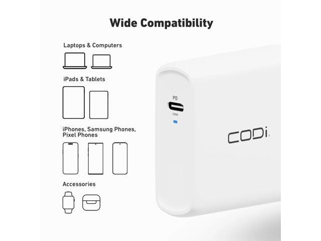 CODi 100W USB-C Wall Charger with Power Delivery & 6.5ft EPR Braided USB-C Cable
