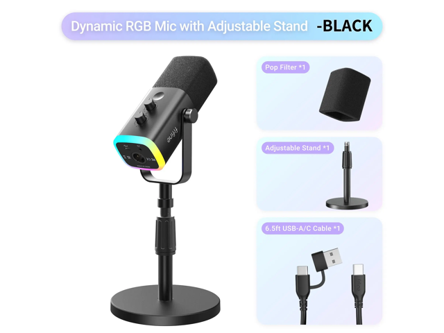 FIFINE AM8S Gaming Microphone with Adjustable Stand, Height Adjustable Heavy-Duty Metal Stand, RGB Dynamic Mic with Quick Mute, Gain Volume.