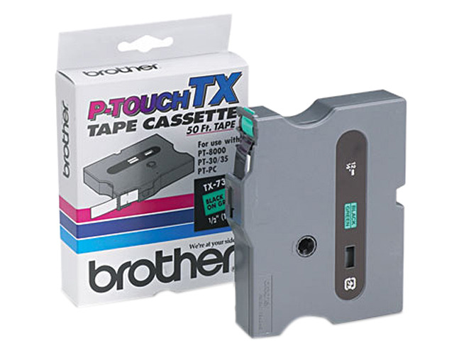 Brother TX7311 TX Tape Cartridge for PT-8000, PT-PC, PT-30/35, 1/2w, Black on Green