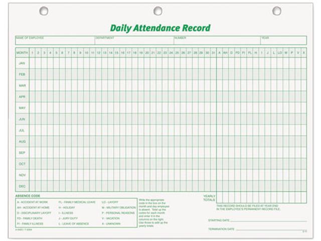 Tops 3284 Daily Attendance Card, 8 1/2 x 11, 50 Forms