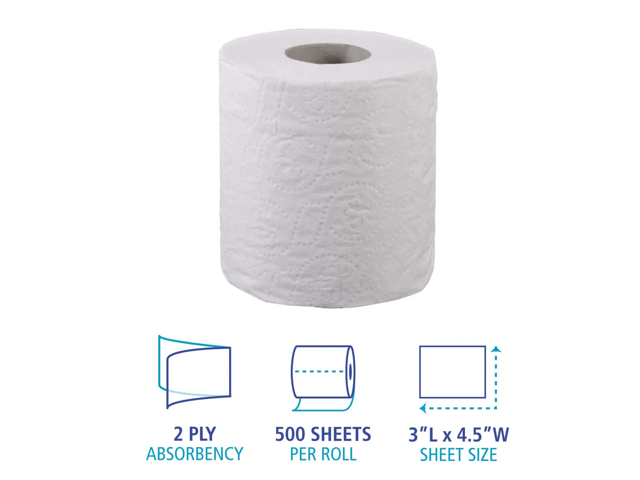 Boardwalk 2-Ply Toilet Tissue, Septic Safe, White, 125 ft Roll Length, 500 Sheets/Roll, 96 Rolls/Carton BWK6180