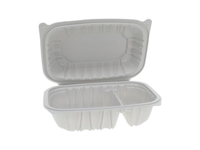 Pactiv EarthChoice Vented Microwavable MFPP Hinged Lid Container, 2-Compartment, 9 x 6 x 3.1, White, Plastic, 170/Carton YCNW02052