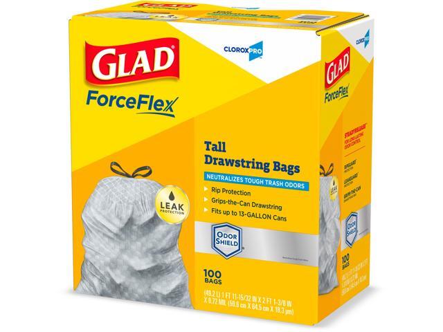 Glad ForceFlex Tall Kitchen Drawstring Trash Bags, 13 gal, 0.72 mil, 23.75' x 24.88', Gray, 100/Box CLO70427
