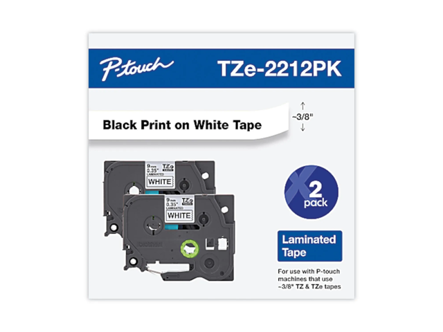 Brother TZe Standard Adhesive Laminated Labeling Tape, - 0.35' x 26.2 ft - Black on White - 2/Pack BRTTZE2212PK