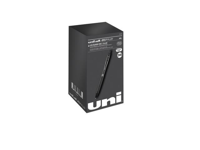 uni-ball 70158 207 Plus+ Gel Pen, Retractable, Medium 0.7 mm, Black Ink, Black Barrel, 36/Pack