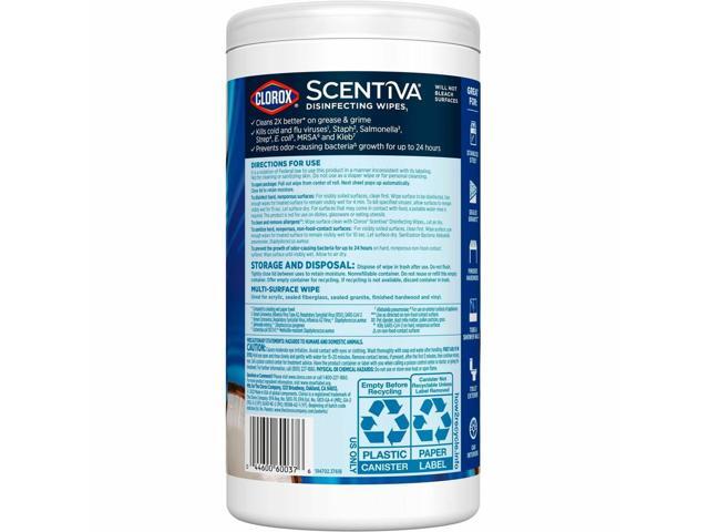 Clorox Scentiva Wipes, Bleach Free Cleaning Wipes - Coconut & Water Lily Scent - Bleach-free, Disinfectant, Deodorize - White - 75/Tub 60037