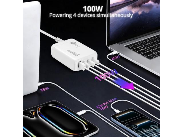 SIIG 100W GaN PD Combo Power Charger, 4-Port high-power portable charger w/ 3 USB-C and 1 USB-A ports